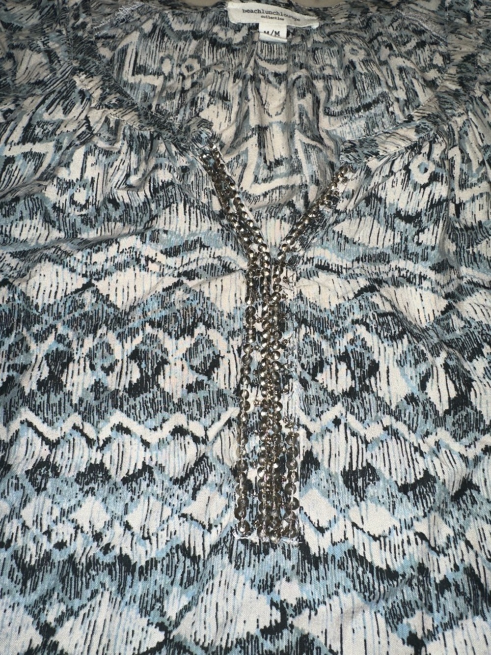 beachlunchlounge Blue & White Chevron Print Peasant Blouse size medium - Picture 6 of 8